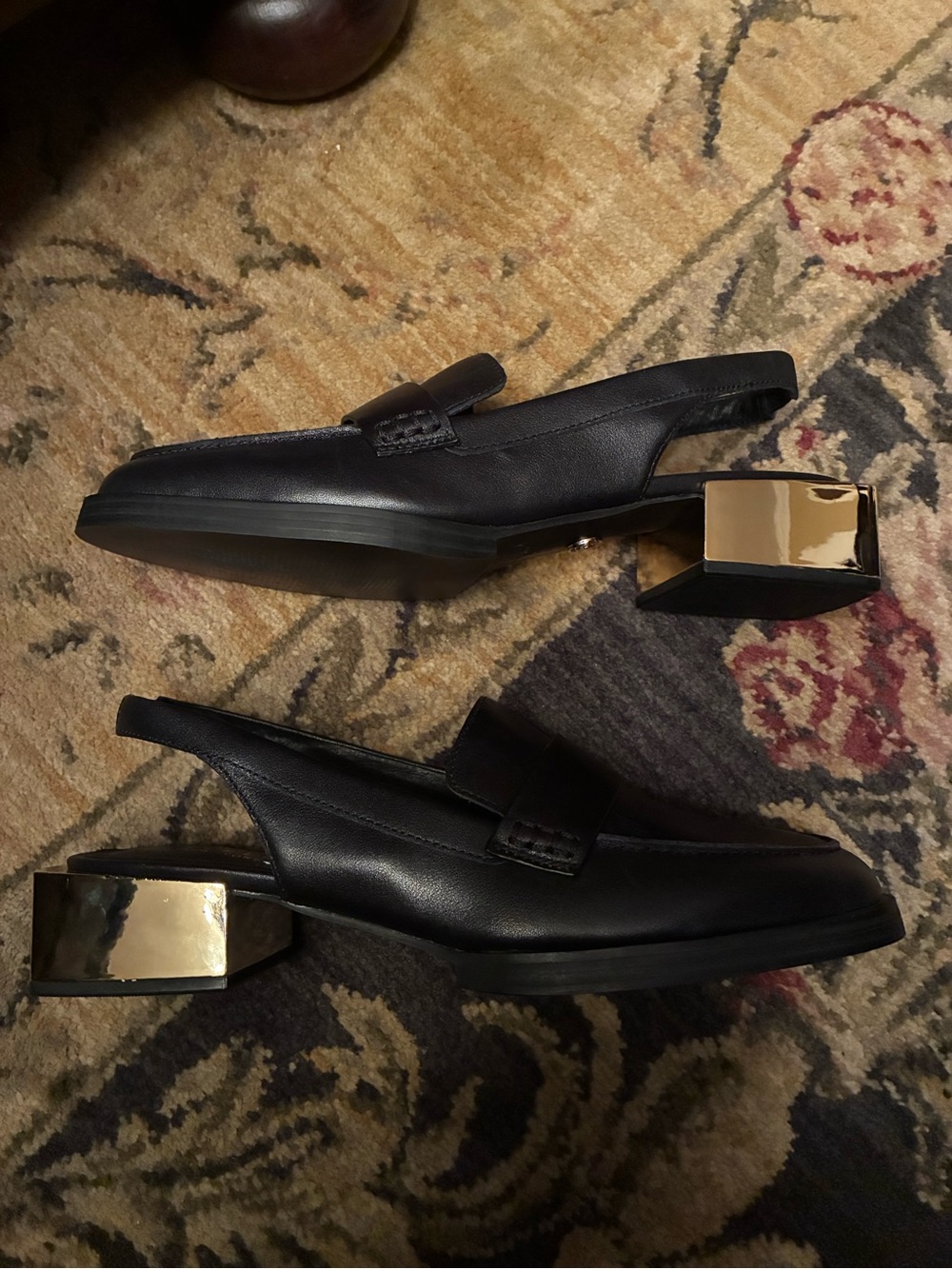 CECELIA NEW YORK Black Leather Slingback Loafers with Gold Block Heel